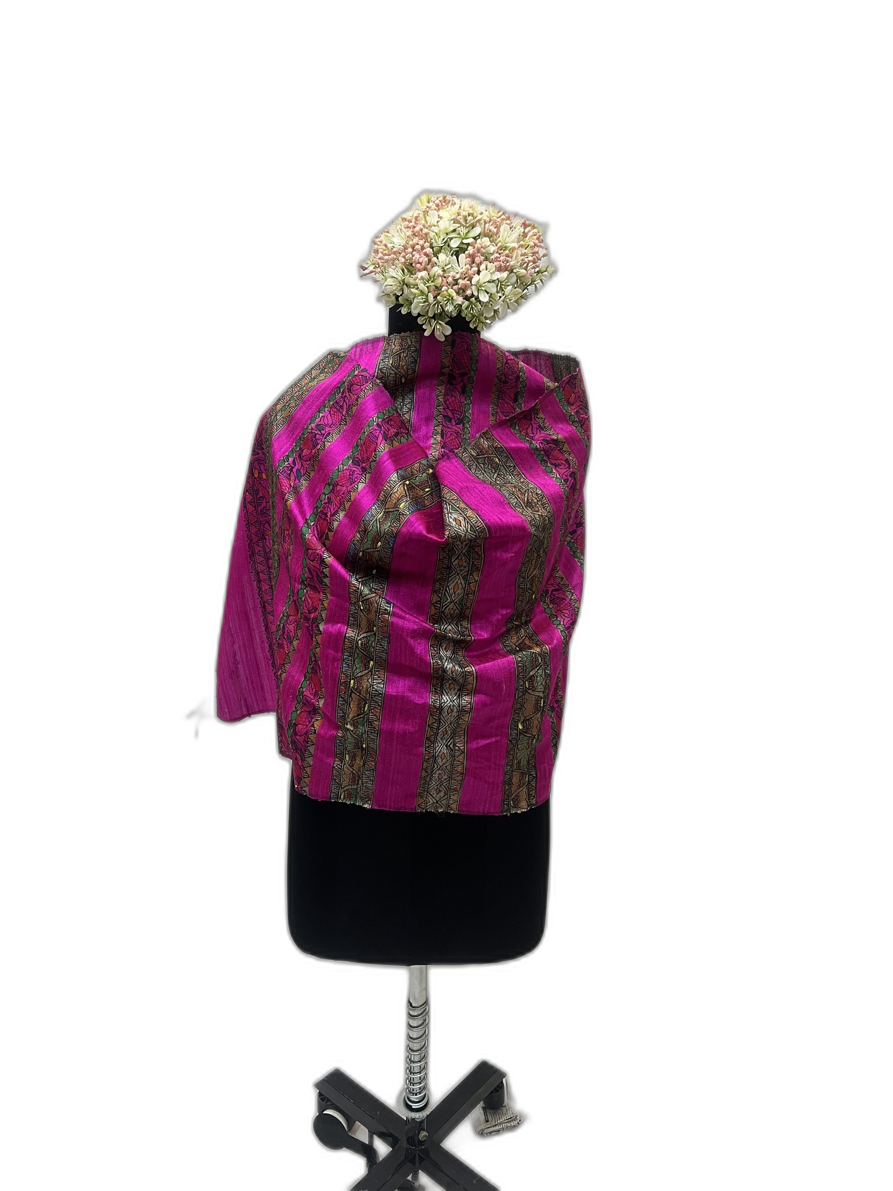 Madhubani Dupion Silk Stole in Hot Pink with Ghicha Stripes